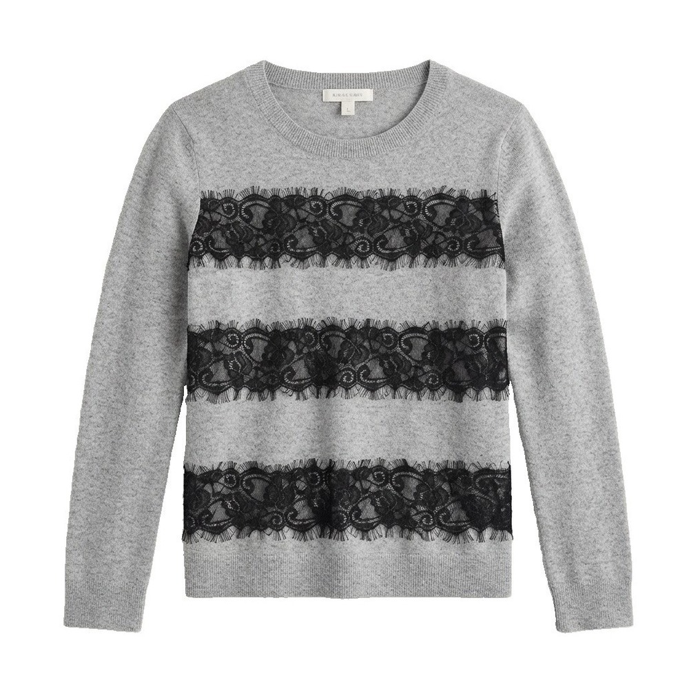 J. Crew Women's XS Gray Sweater Black Lace Detail Crewneck Knit Pullover